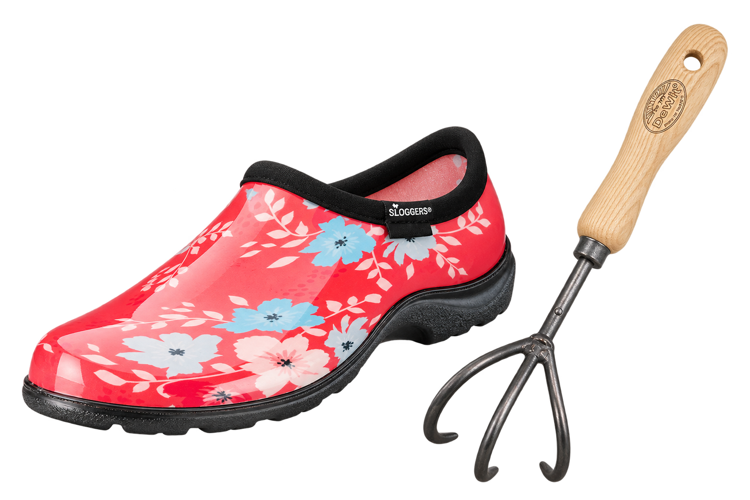 Sloggers Women Rain Shoes Floral Fun Coral Size 8 with Dewit Cultivator 3 Tine Ash Handle 140 mm Bundle *** END OF LINE - BRAND NEW ***