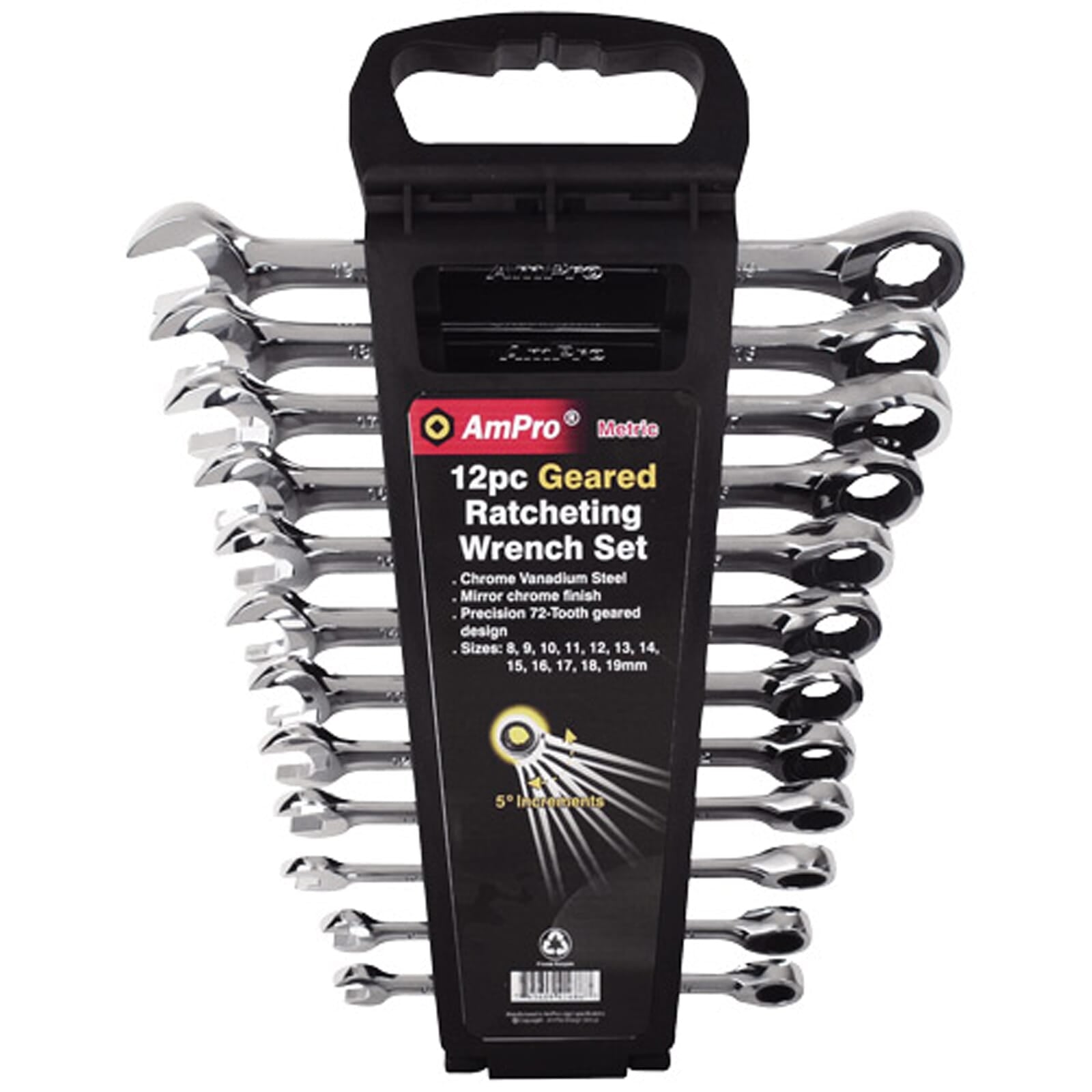 AmPro Geared Wrench Set Mirror Finish 72 Tooth 12-Piece 8-19 mm *** END OF LINE - BRAND NEW ***