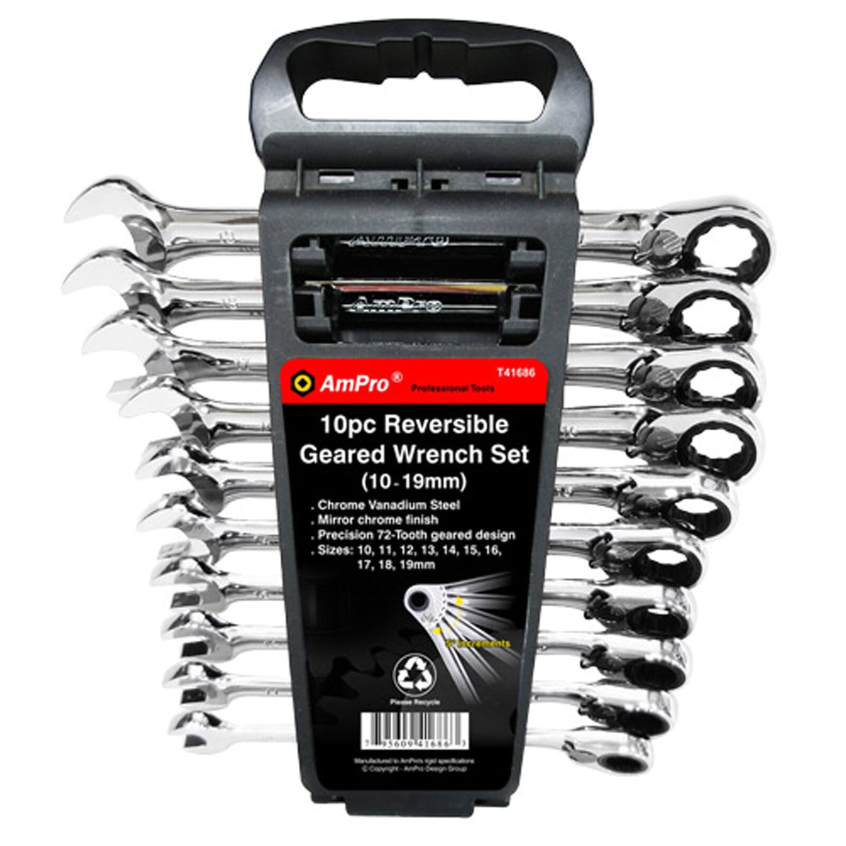 AmPro Reversible Geared Wrench Set Mirror Finish 72 Tooth 10-Piece 10-19 mm *** END OF LINE - BRAND NEW ***