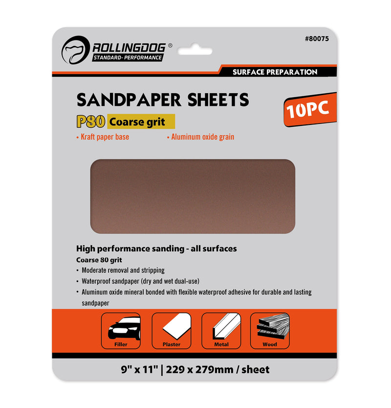 Rolling Dog Sandpaper 230mm x 280mm Sheets 10pce 80grit