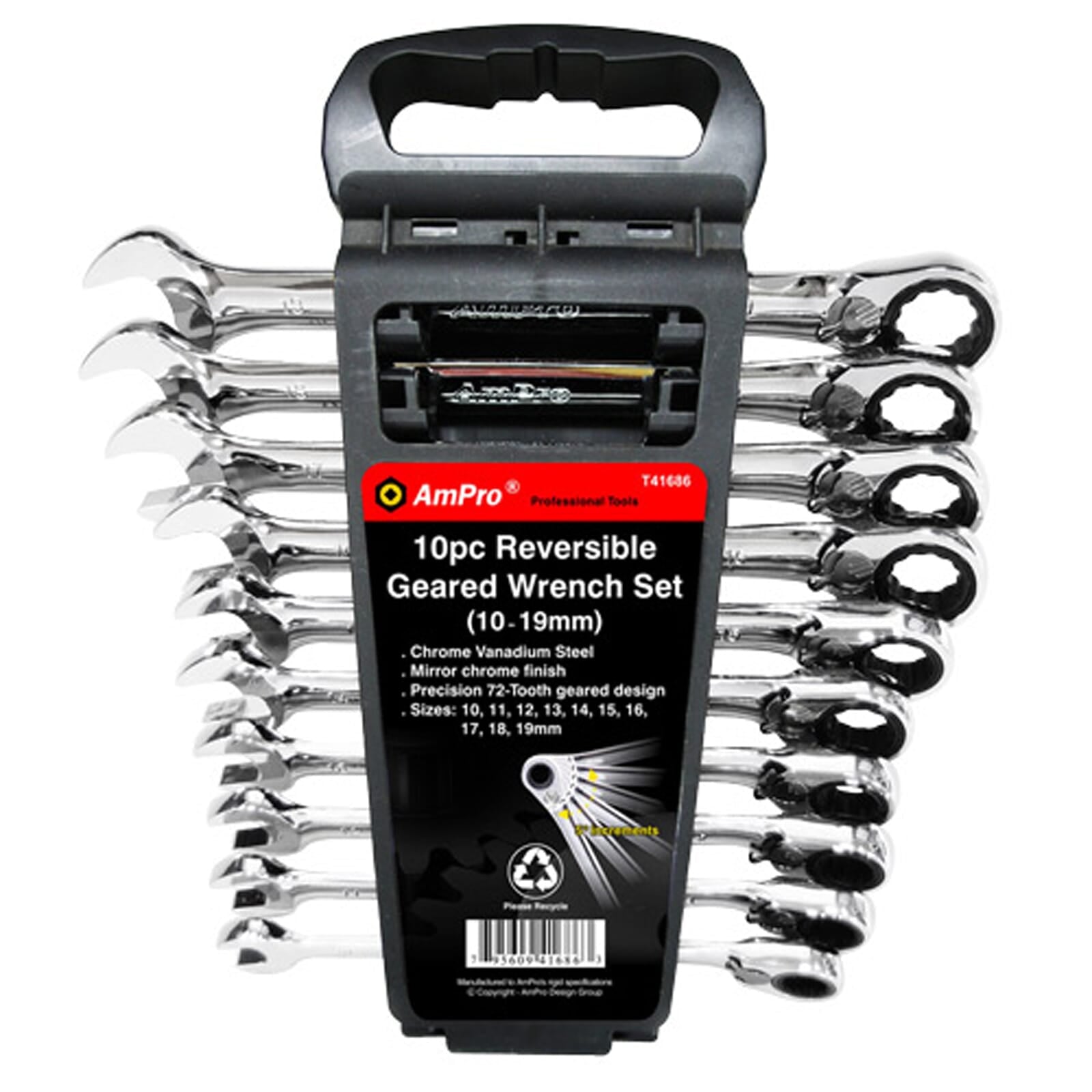AmPro Reversible Geared Wrench Set Mirror Finish 72 Tooth 10-Piece 10-19 mm *** END OF LINE ***